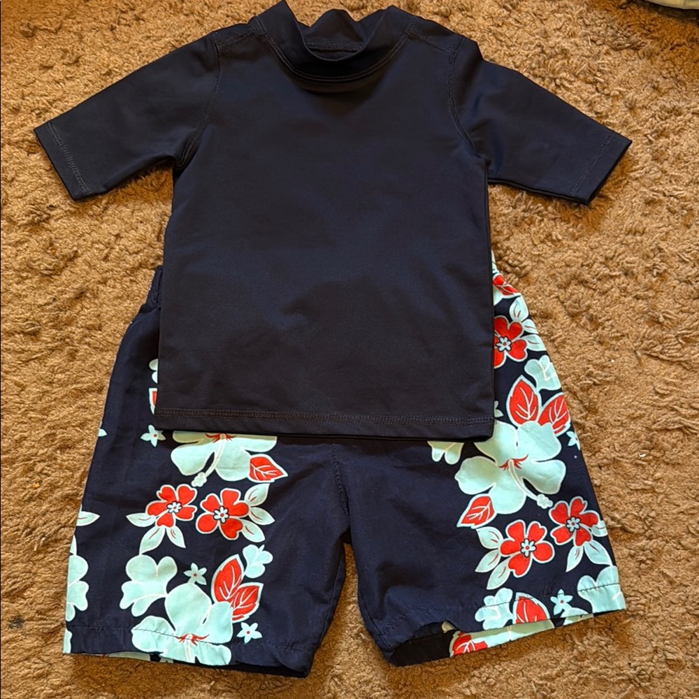 Kids Navy Hawaiian Floral Swim Rash Guard and Swim Shorts Set 18-24M